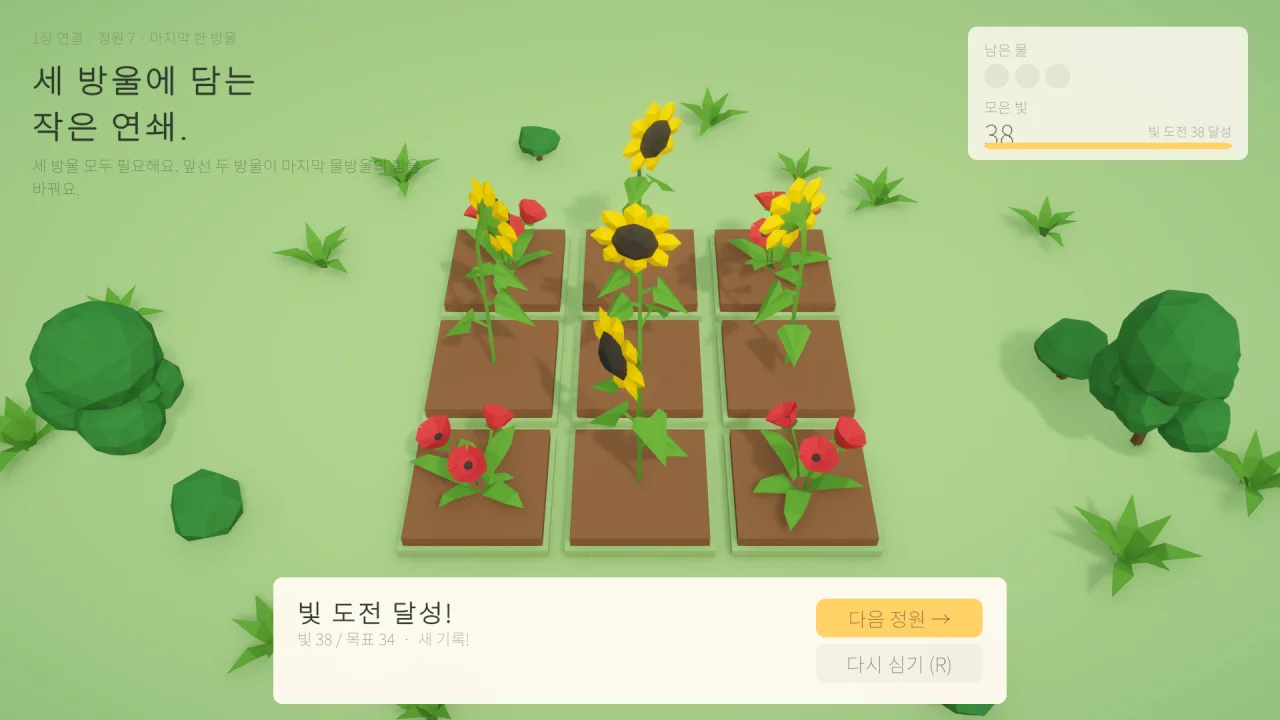 카네이션과 해바라기가 연쇄적으로 피어나 빛 도전을 달성한 정원