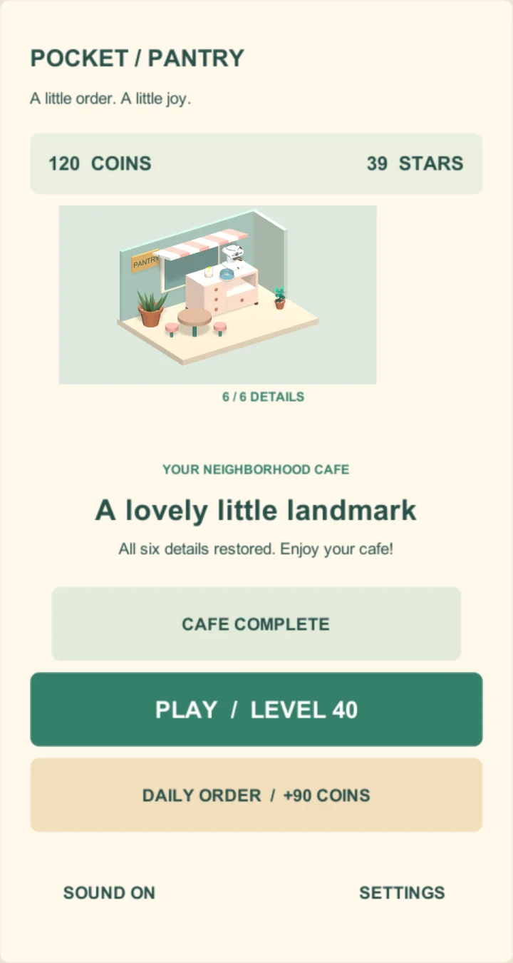가구와 장식 여섯 가지를 복원한 Pocket Pantry 카페 화면